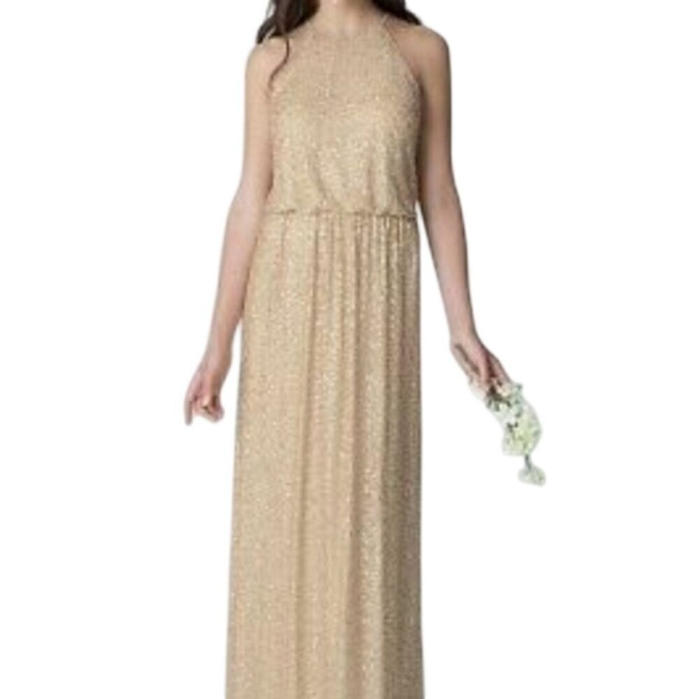 Bill Levkoff Gold Sequin Halter Maxi Dress Wedding Formal Size 2